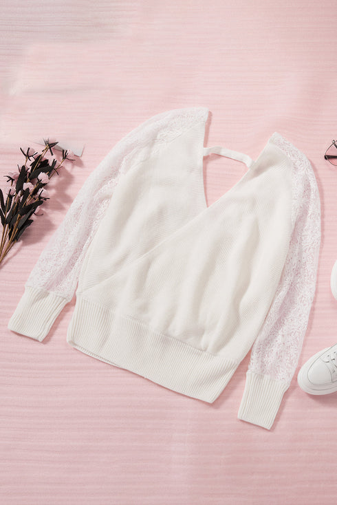 Sexy V Neck Surplice Hollow-Out Sweater With Lace Sleeves